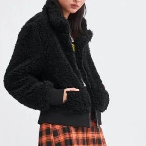 Zara Trf Black Teddy Fleece Bomber Jacket Coat